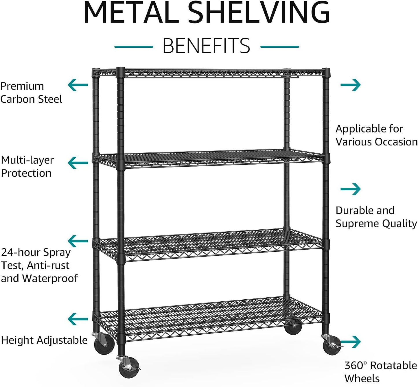 IZEUK Garage Shelving Wide Storage Shelves 4 Tier Metal Shelves Heavy Duty Adjustable Utility Shelf Rack Black 23.6" D x 53.1" W x 73.6" H