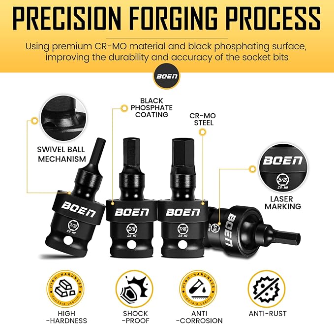 boen 3/8" Drive Universal Hex Bit Socket Set, 7-Piece SAE Impact Swivel Allen Bit Sockets, 360° Rotation Flexible Wobble Hex Bit Driver Socket Set, With Storage Rail, CR-MO Steel