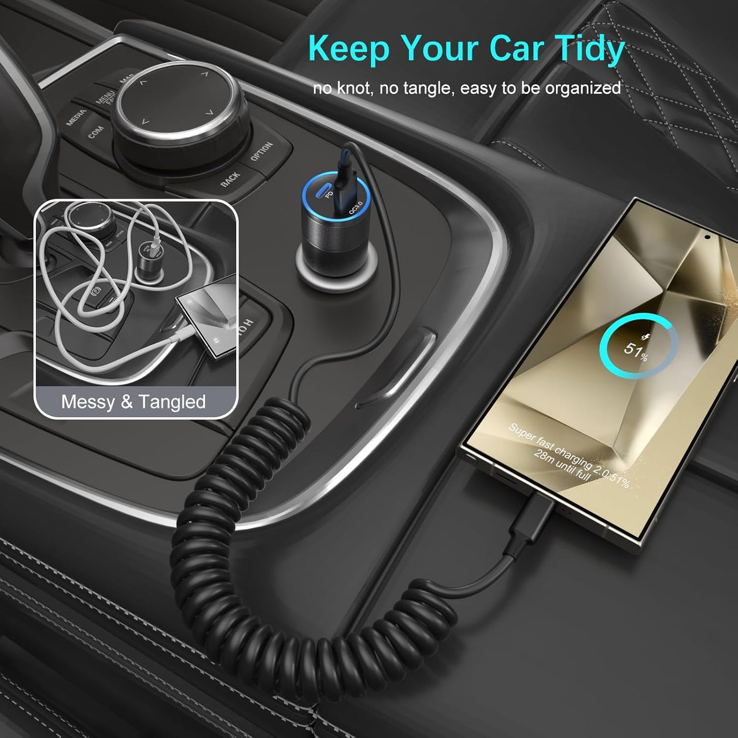 Coiled USB C Cable for Carplay 3ft, Retractable USB A to USB Type C Fast Charging Cord 60W 3A for iPhone 16 15 Pro Max Plus