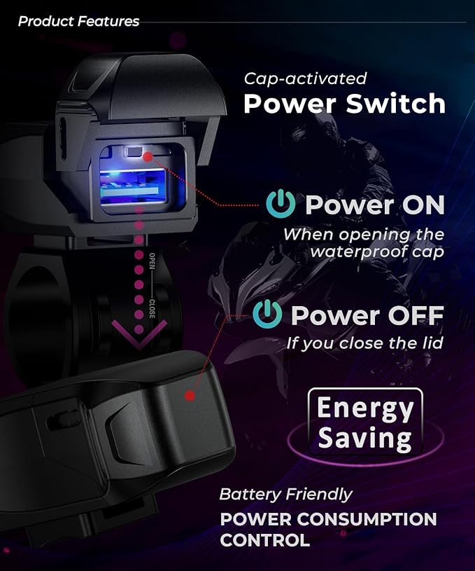 KAEDEAR Motorcycle USB Charger, Waterproof, Smartphone Charger, Dual USB Port, SAE DC 12V Fuse, Power Switch, Type A + Type C, Ultra-Fast Charging 5V/9V/12V, KDR-M3-AC