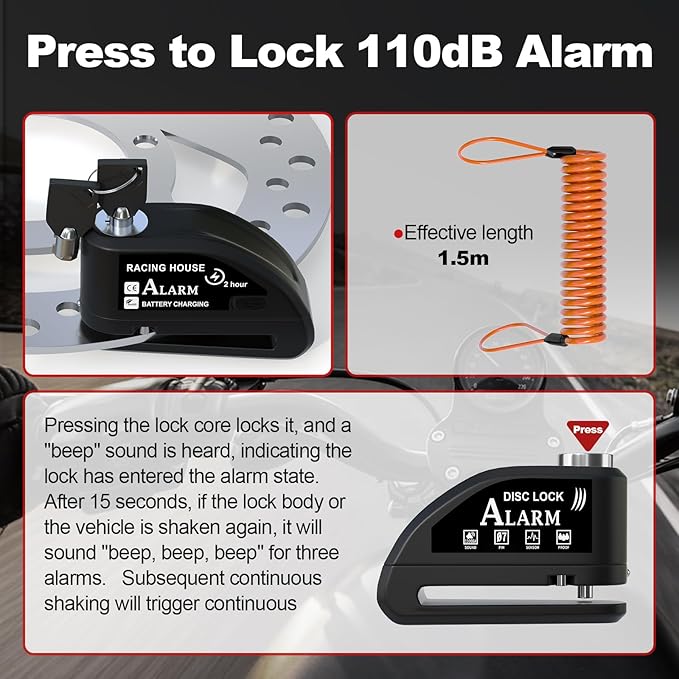 Motorcycle Lock Rechargeable, Alarm Disc Brake Lock with Reminder Cable, 110 dB Alarm Sound, Anti-Theft Waterproof, 2 H Fast-Charging, 9 Months Standby, 7 mm Lock Pin Universal for Bikes