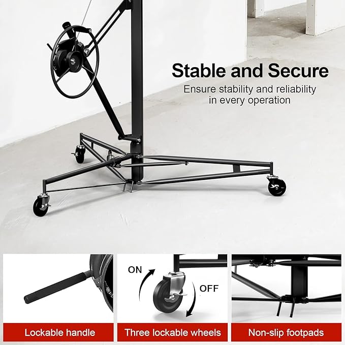 11FT Drywall Lift Sheetrock Lift, 150LBS Capacity, Drywall Lift Panel Hoist with Telescopic Arm, Drywall Jack Lift with 3 Lockable Wheels for Home Improvement, 4'x16' Panel Size, Black