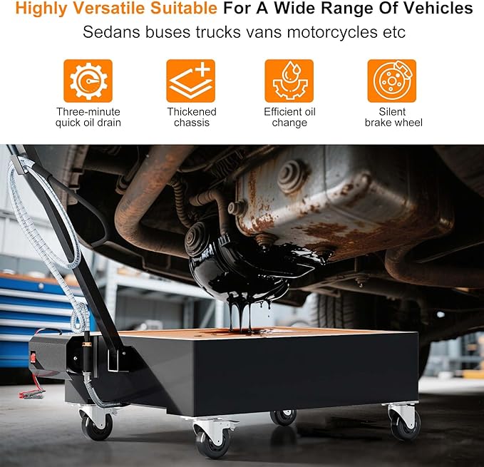 Oil Drain Pan, 21 Gallons Low Profile Oil Change Pan, Large Capacity Rolling Oil Drain Cart, Adjustable Hand, with Pump, Hose, Swivel Casters Wheels, Heavy-Duty for Trucks, RVs, SUVs