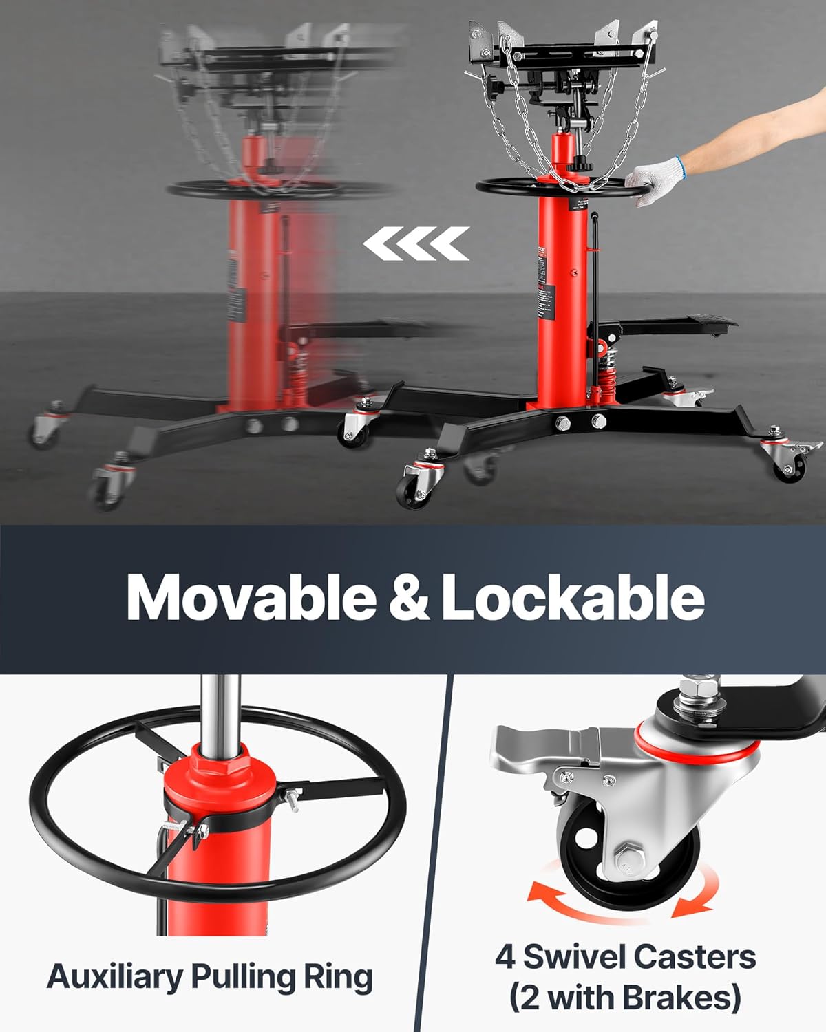 VEVOR Transmission Jack,0.75 Ton/1660 lbs Capacity Hydraulic Telescopic Transmission Jack, 2-Stage Floor Jack Stand with Foot Pedal, 360° Swivel Wheel, Garage/Shop Lift Hoist, Red