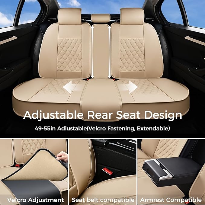 Huidasource Beige Seat Covers, Car Seat Covers Front ＆ Split Rear Bench, Seat Covers Full Set, Nappa Leather Seat Cover Protector Universal Fit for Most Cars, Vans, Trucks, SUVs (Full Set/Beige)