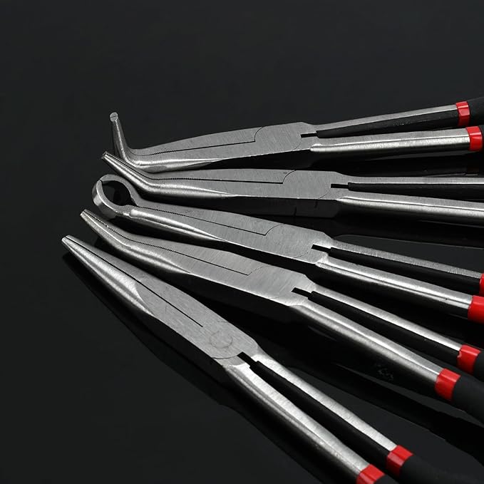 5 Pack 11" Precision Long Nose Pliers Set with Insulated Comfort Grip Handles,Straight Long Needle Nose Pliers, 25/45/90° Curved & Circle for Wire Shaping/Trimming