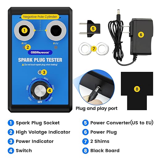 OBDResource Automotive Spark Plug Tester Engine Ignition Spark Plugs Tester Analyzer 0 to 6000RPM Car Motorcycle Spark Plug Testers Tool for 12V Gasoline Vehicles Dual Holes 13MM Spark Plug Socket