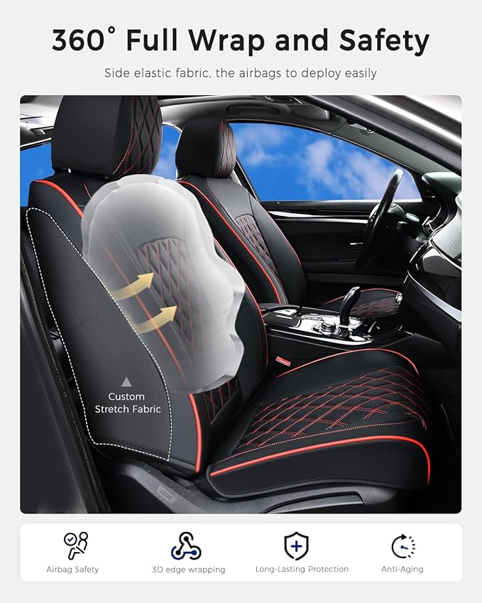 Huidasource Seat Covers, Nappa Leather Car Seat Covers, Velcro Adjustable, Compatible with Airbags, Armrests, Child Seat, Seat Belts, Fit for Most Cars, Vans, Trucks, SUVs (Full Set/Black&Red)