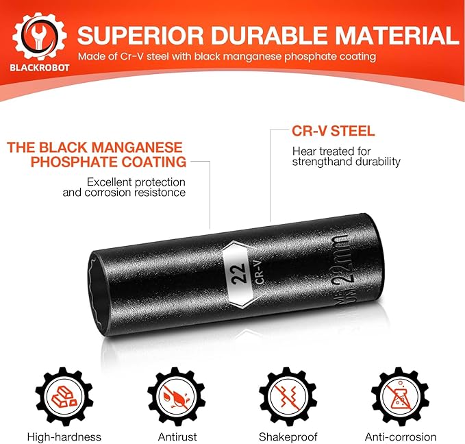 BLACKROBOT 22 mm 12-Point Deep Impact Socket, 1/2 Inch Drive, Metric, Cr-V Steel With Black Manganese Phosphate Coating