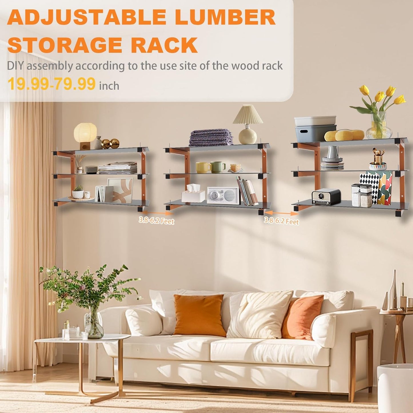 6 Pack Wall-Mounted Lumber Rack, Heavy Duty Wood Storage Racks, 9-Level System Garage Shelving, 1980 LBS Capacity Hanging Organizer Shelves, Orange Brackets Utility Metal Shelf for Indoor and Outdoor