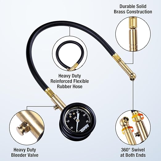Tire Pressure Gauge for Cars and Trucks. 0-60 PSI Calibrated to ANSI B.40.1 Accuracy. Large 2 Inch Easy to Read Gauge and Long Hose with 360 Degree Rotation at Each End.