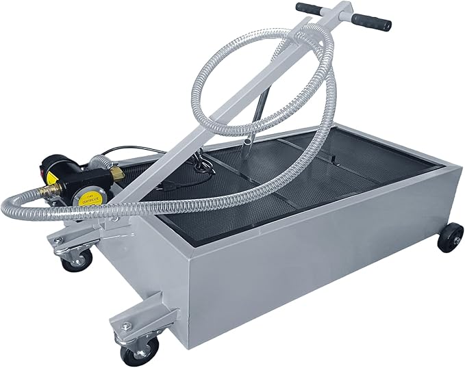 25 Gallon Oil Drain Pan with Electric Pump, Low-Profile Oil Pans for Changing Oil, T-Handle and J-Hook Makes Drain Easier, Gray