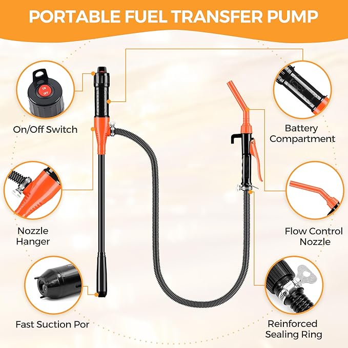 Electric Fuel Transfer Pump, 3GPM Portable Fluid Transfer Siphon Pump with Oil Pipeline, Battery Gas Pumps with Adjustable Flow Control Nozzle for Car/RV(Orange)