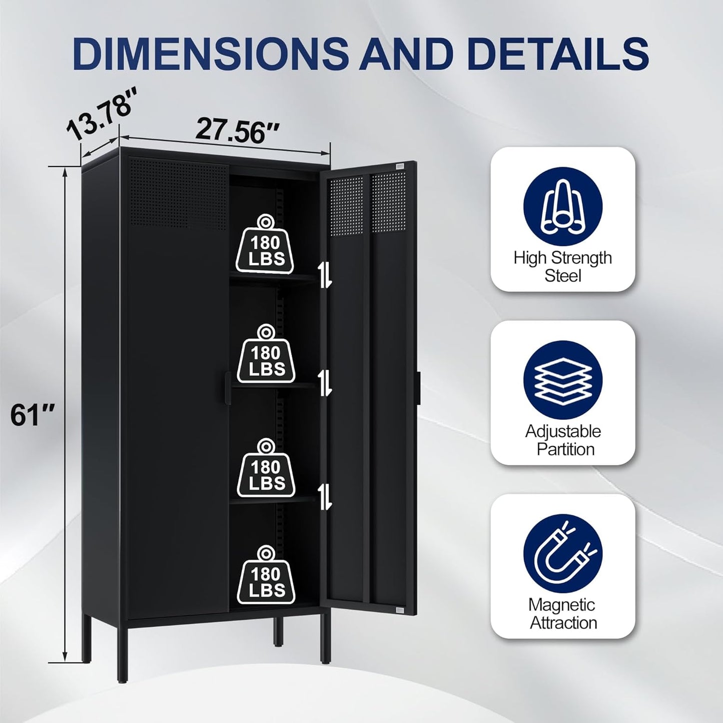 Metal Storage Cabinets with Adjustable Shelves，Pantry Kitchen Storage Cabinets，Floor Storage Cabinet for Kitchen, Laundry Room, Home Office, Kids Room (Black, 61''H)