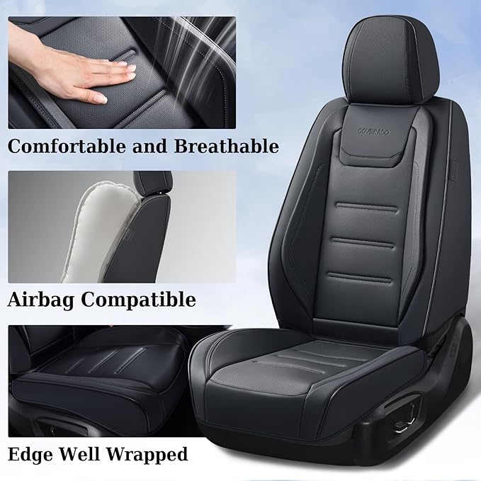 Coverado Car Seat Covers Full Set, Seat Covers for Cars, Car Seat Protector Waterproof, Leather Car Seat Cushion, Universal Interior Covers Seat Protectors for Most Cars Black