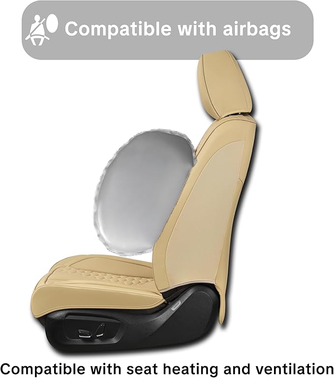 Beige Leather Car Seat Covers - Luxury Waterproof Car Seat Protectors with Lumbar Support, Non-Slip Base, Airbag Compatibility, Easy Installation and Cleaning
