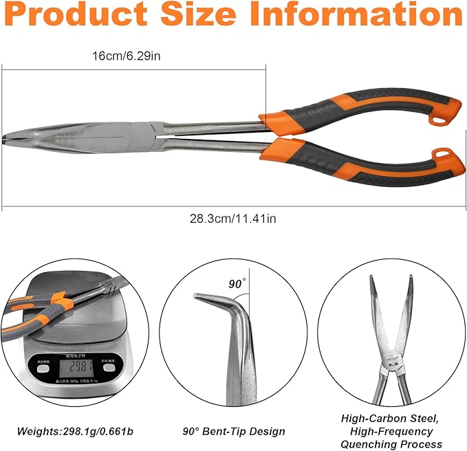 11 Inch Long Needle Nose Pliers - 1 Piece Set of Long Handle Pliers - 90° Curved Steel Designed for Machinists, Technicians and Contractors