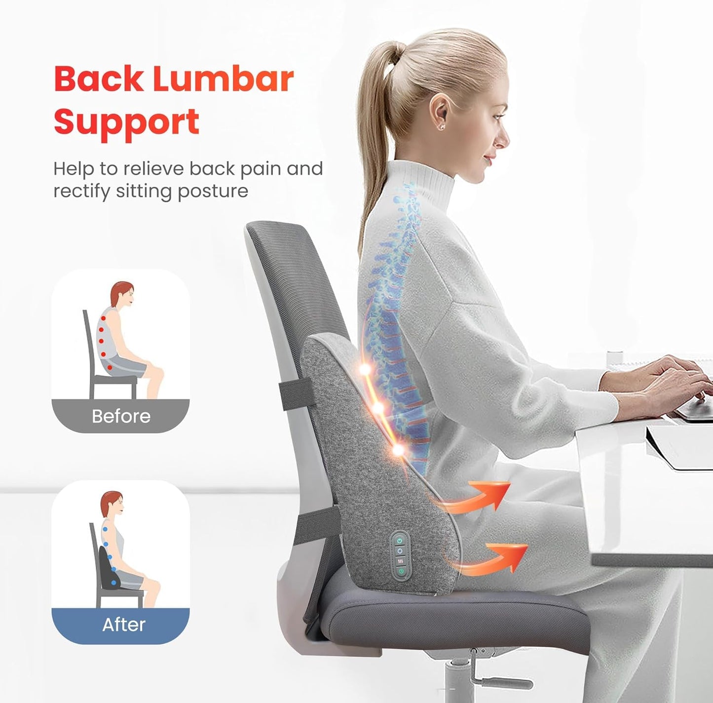 COMFIER Back Lumbar Support Pillow for Office,Car,Heated Back Support with 4 Shiatsu Massage Heads & Heating Function, Memory Foam Lumbar Pillow for Computer Gaming Chair-Gray