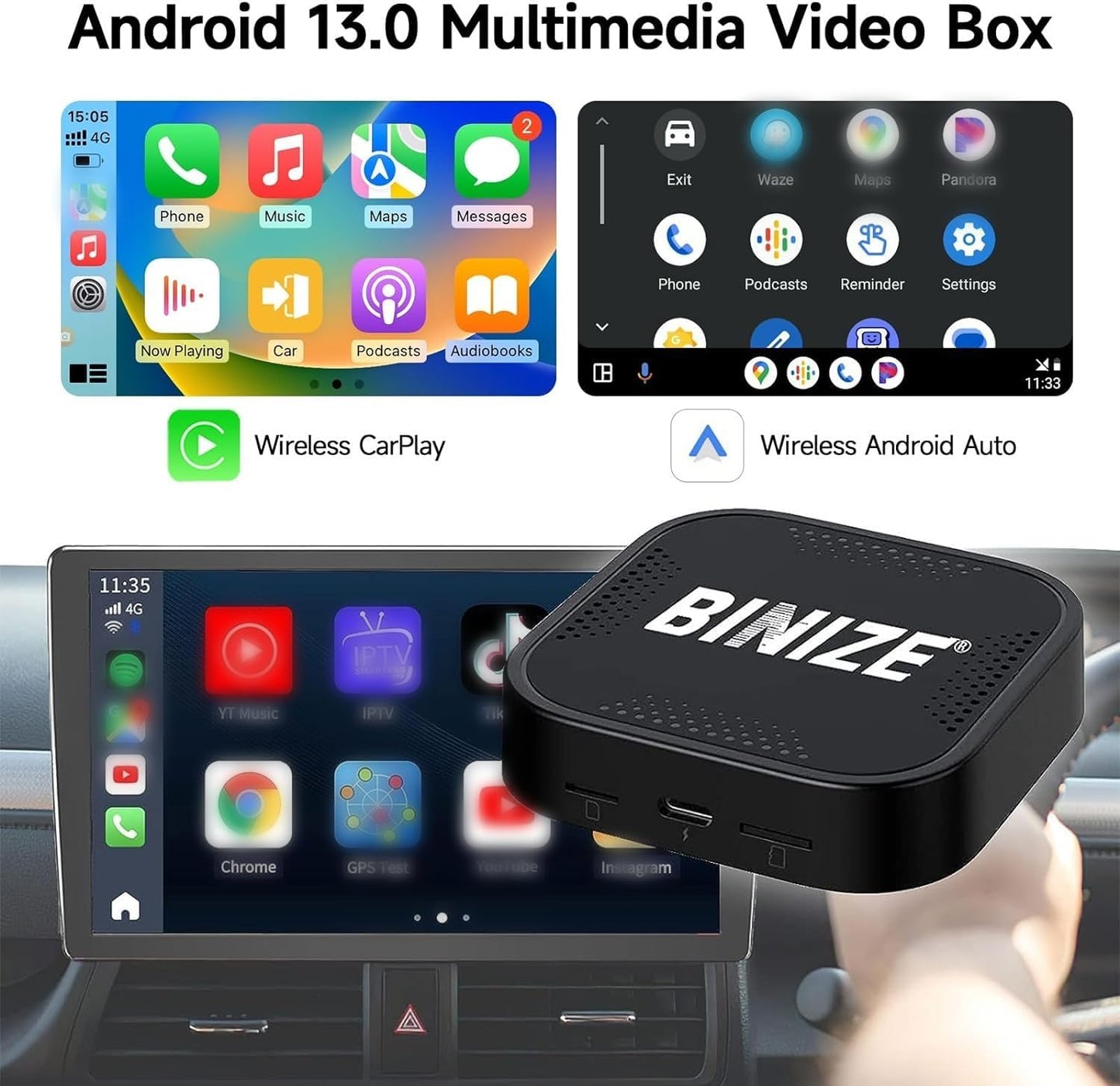 BINIZE CarPlay Ai Box 2.0 Wireless CarPlay/Android Auto with Video APPS 4G+64GB, 8Core, Supports Cars with OEM Wired CarPlay/Android Auto