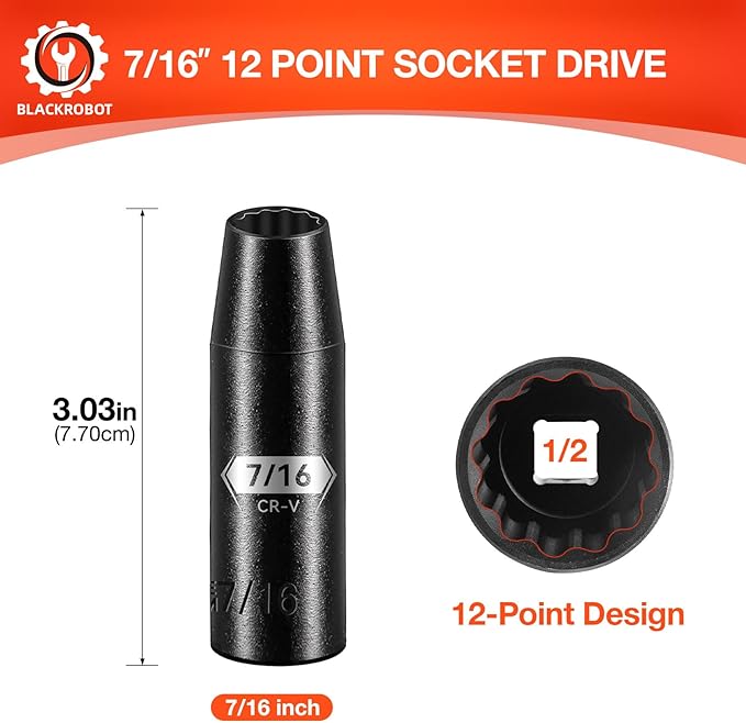 BLACKROBOT 7/16 inch 12-Point Deep Impact Socket, 1/2 Inch Drive, Metric, Cr-V Steel With Black Manganese Phosphate Coating