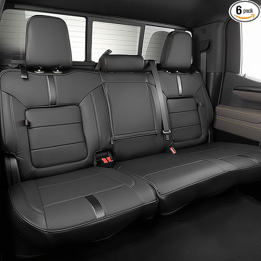 Seat Covers Fit for Chevy Silverado 1500 & GMC Sierra 1500 Crew Cab(2019-2025),Faux Leather Automotive Seat Covers,Custom Pickup Car Seat Covers Full Set,Black(with Rear Cup Holder/Seat Back Storage)