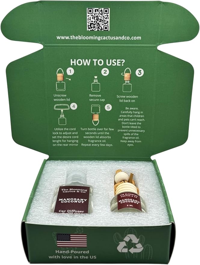 Car Air Freshener with 1 Oz Refill included | Car scented on the go | Car Air Freshener | Long Lasting Hanging Fragrance | Phthalate Free Fragrance. (Mahogany Coconut, 8 ml)