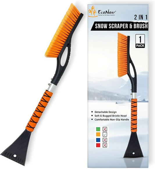 EcoNour 27" Aluminum Ice Scrapers for Car Windshield | Car Window Scraper and Snow Brush with Ergonomic Foam Grip Winter Accessories (Orange)
