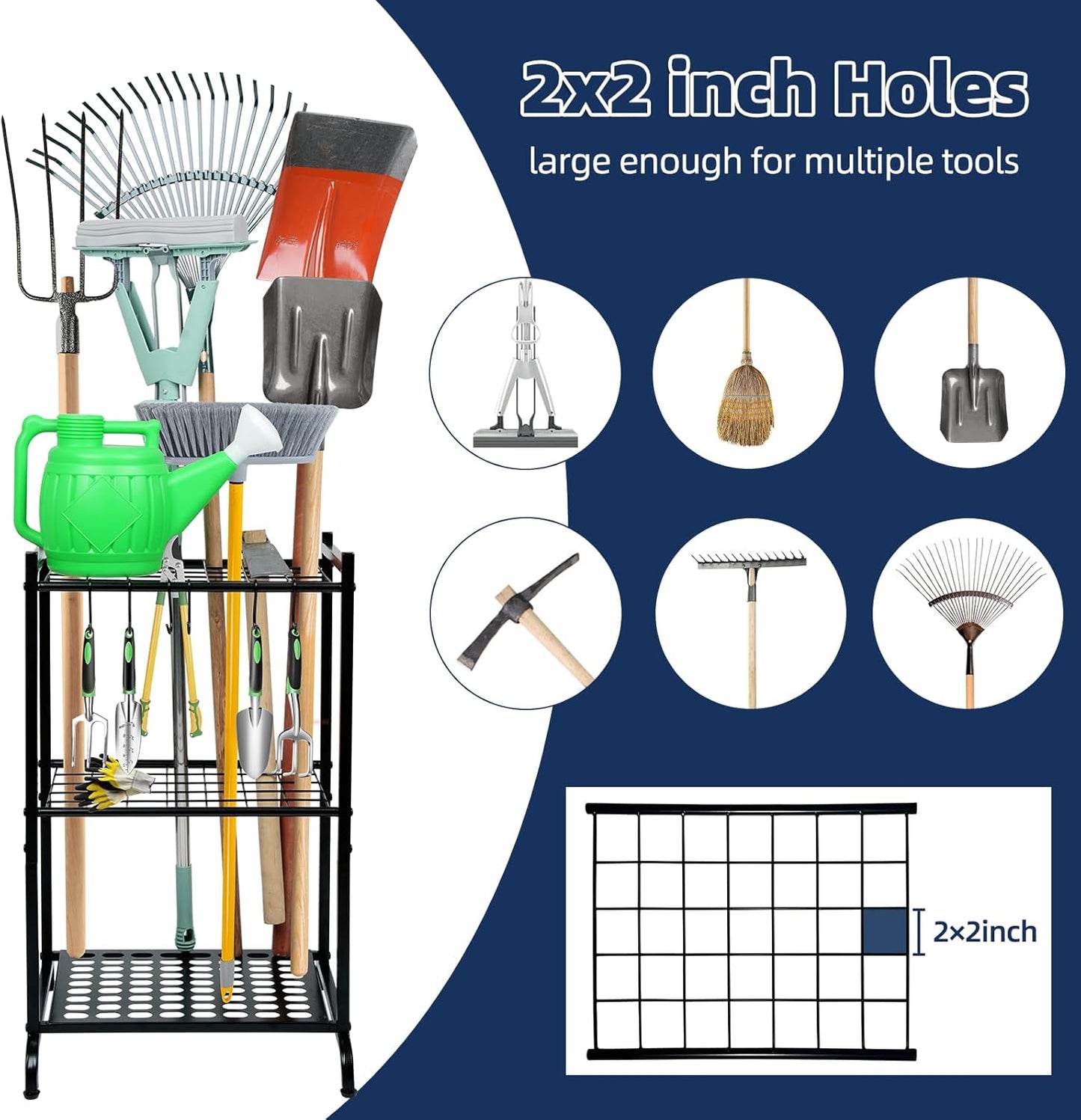 Garden Tool Organizer and Storage, Yard Tool Organizer for Garage Up to 41 Tools, 3-tire Yard Tool Holder Holding Long Handled Tools for Shed Garden Outdoor