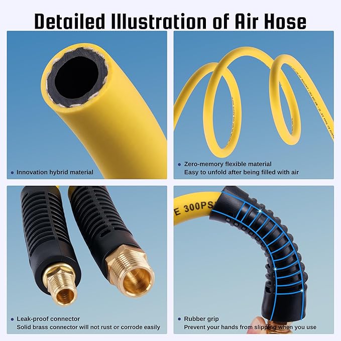 Truck Tire Inflator Kit, 3/8” x 50FT Hybrid Air Hose with 1/4" Chuck and 1/2" NPT Universal Gladhand Connection