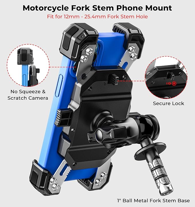 Motorcycle Fork Stem Phone Mount, 1s Auto Lock & Release, Anti-Theft Motorcycle Phone Holder with Aluminum Alloy 1" Ball Short Arm, for 12-25.4mm Diameter Fork Stems, for 5.4"-7" Cellphones