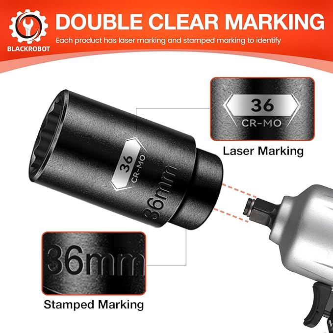 BLACKROBOT 36 mm 12-Point Deep Impact Socket, 1/2 Inch Drive, Metric, Black Manganese Phosphate Coating