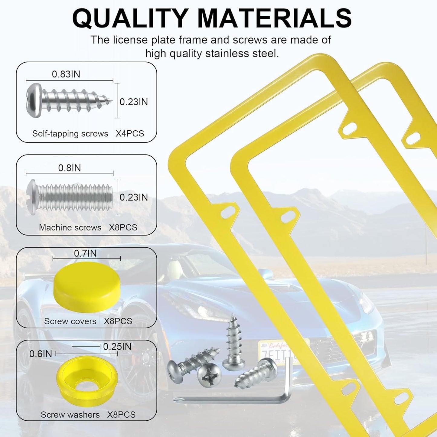 LivTee 4 Holes Stainless Steel License Plate Frames, 2 PCS Car Licence Plate Covers, Automotive Exterior Accessories Slim Design with Bolts Washer Caps for US Vehicles, Yellow