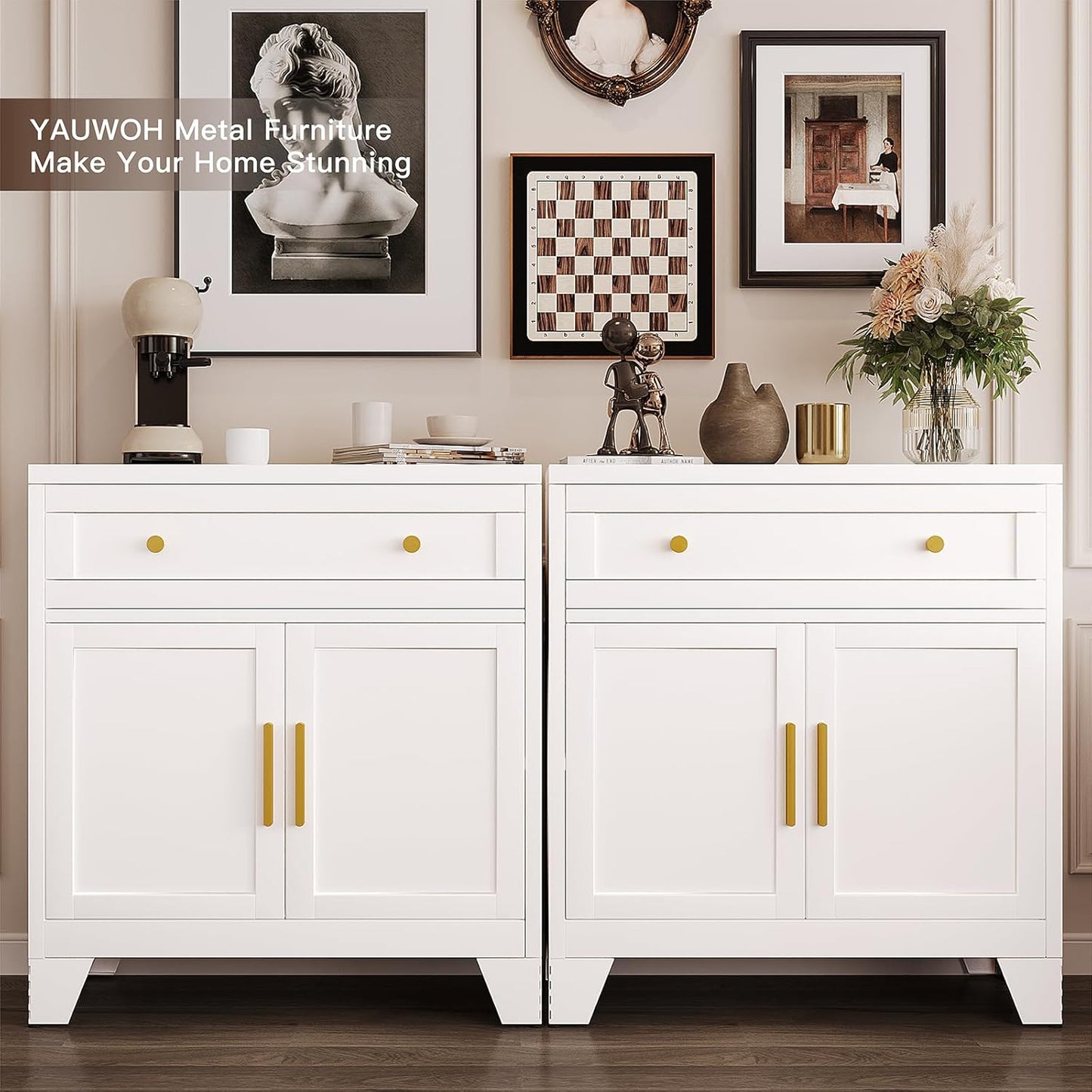 Metal Sideboard Cabinet with Big Drawers,Farmhouse Coffee Bar with One Adjustable Shelves,Buffet Cabinet,Metal Storage Cabient for Kitchen, Dining Room, Entryway, White