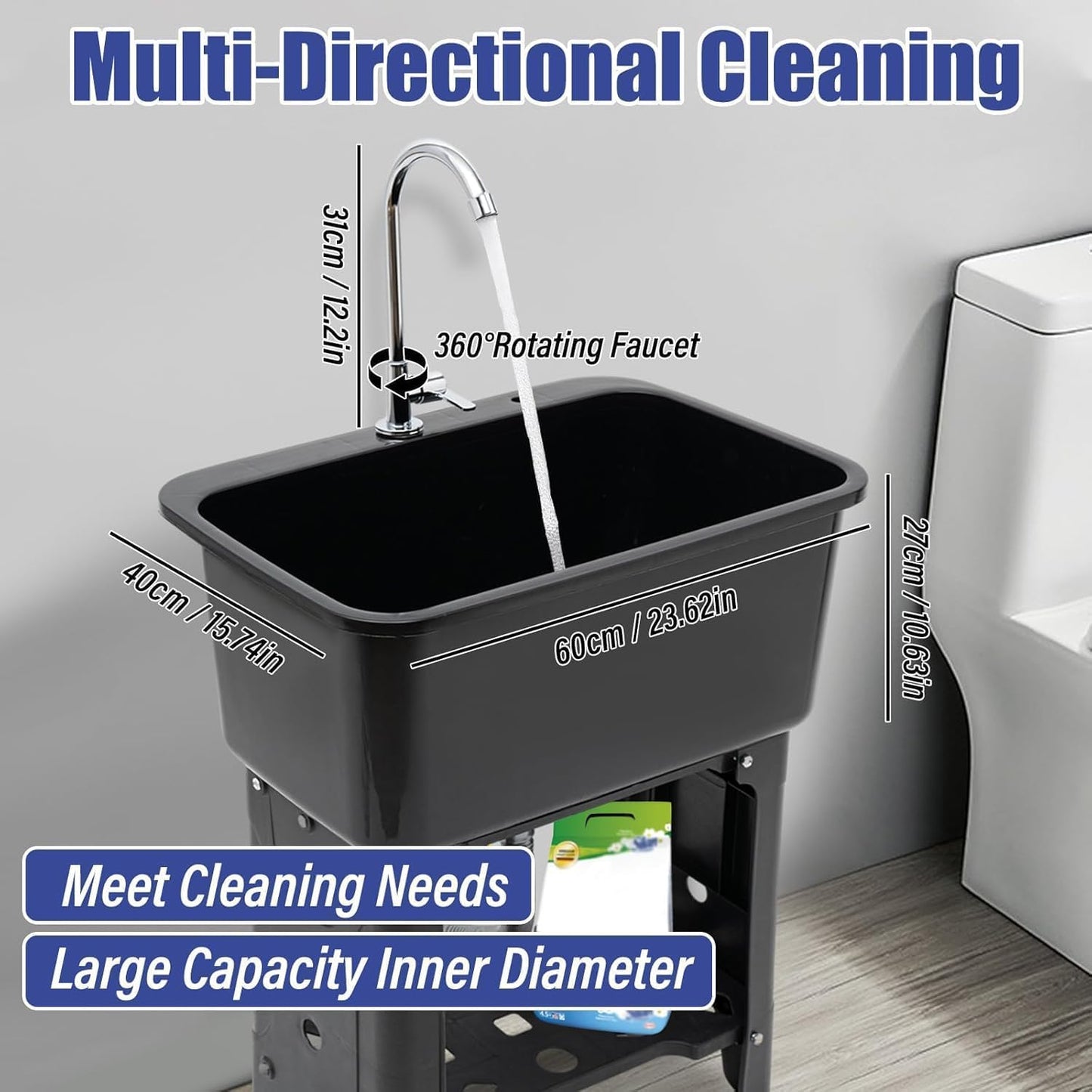 Free Standing Utility Sink with Washboard Laundry Tub Sink for Outdoor,Garage,Basement,Garden wuth Faucet,Drain,Storage Shelf (Black, 23.6 * 15.8 * 30.1in)