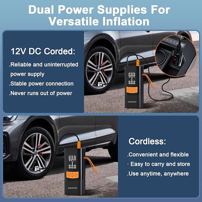Tire Inflator Portable Air Compressor, 15000mAh and 150PSI Car Tire Pump with Pressure Display for Cars, Motorcycles, Bicycles, Ball Bikes with Pressure Gauge, Dual-Use Type