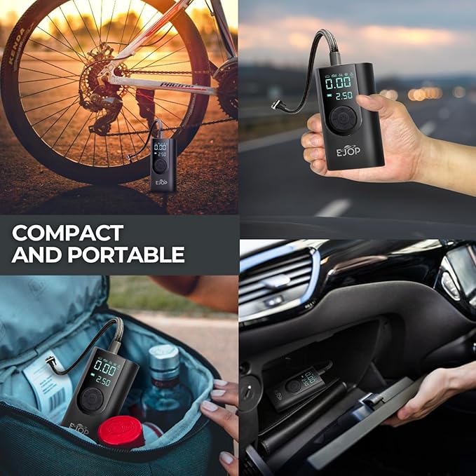 EJOP 150PSI Tire Inflator Portable Air Compressor, Air Pump for Car Tires with Digital Pressure Gauge, Cordless Pump for Car Motorcycle Bicycle Ball, LED Light, Auto Shut-Off,Dual Display,12V Adapter