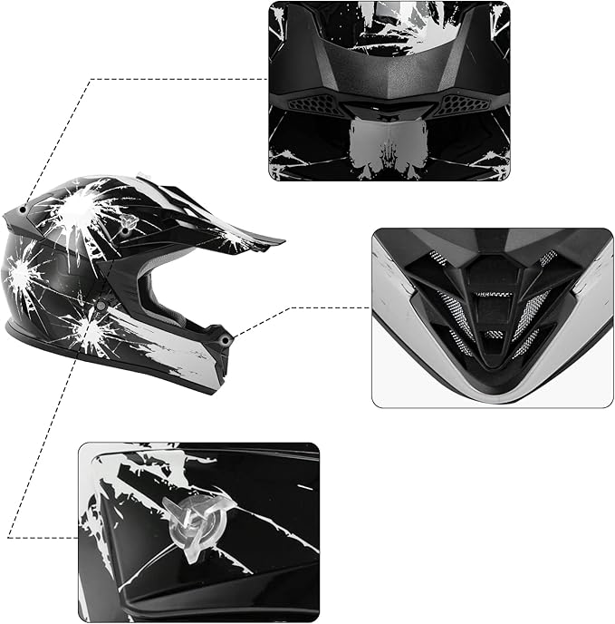 XFMT DOT Youth Kids Dirt Bike Helmet Full Face Motocross Helmets for Off-Road ATV Street Bike Four Wheeler Motorcycle with Goggles & Gloves, Black White Firework Medium
