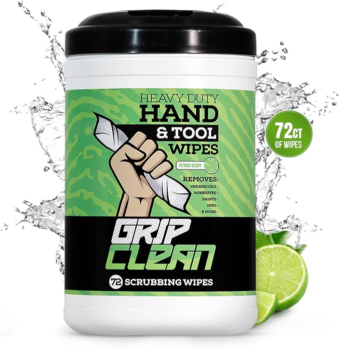 Grip Clean Heavy Duty Hand & Tool Cleaning Wipes – Waterless Hand Cleaner for Mechanics, Garage & Shop Use – Dual-Sided Grease, Oil & Paint Remover Wipes with Citrus Scent - 72ct (6 Pack)
