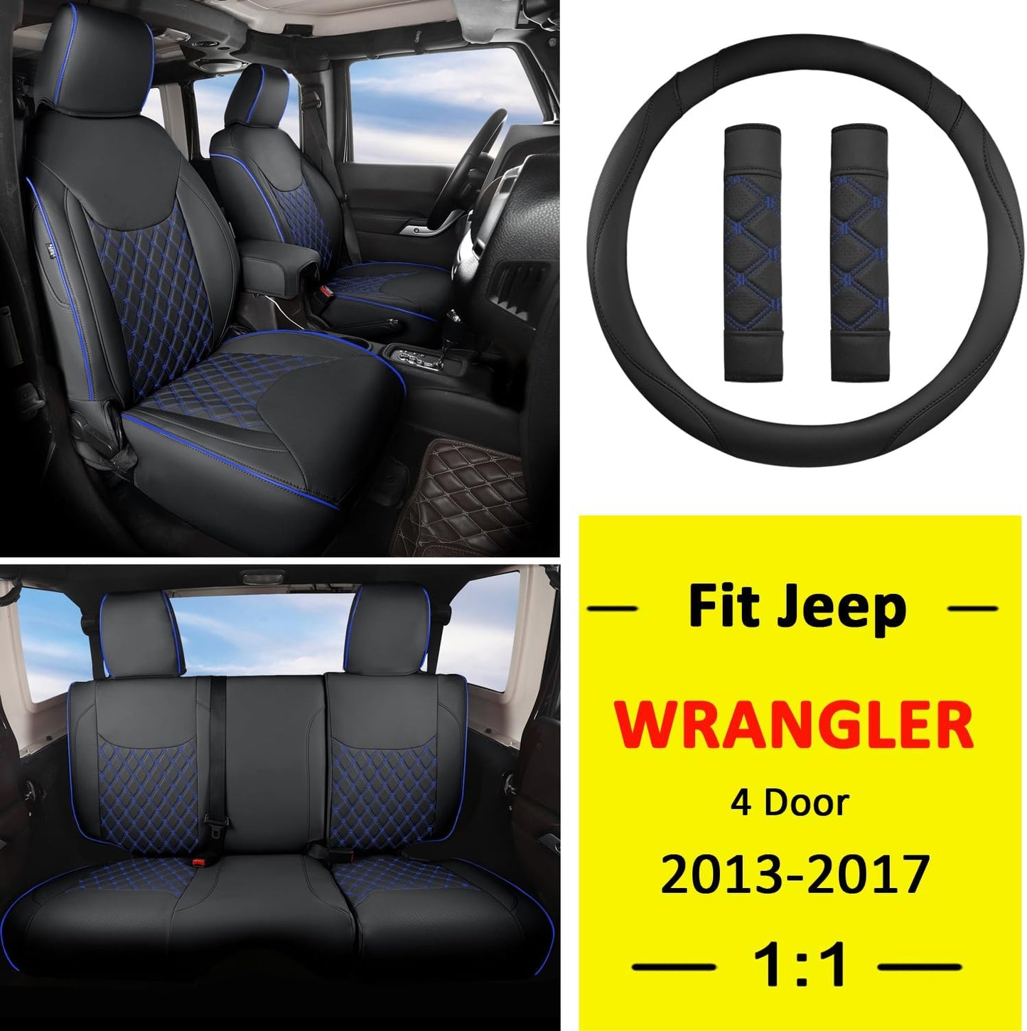 GIANT PANDA Customized Full Set Car Seat Covers for Jeep Wrangler 4 Door JK Sahara Sport Rubicon Unlimited Willys Wheeler Altitude 2013 2014 2015 2016 2017, Faux Leather - (Black+Blue)