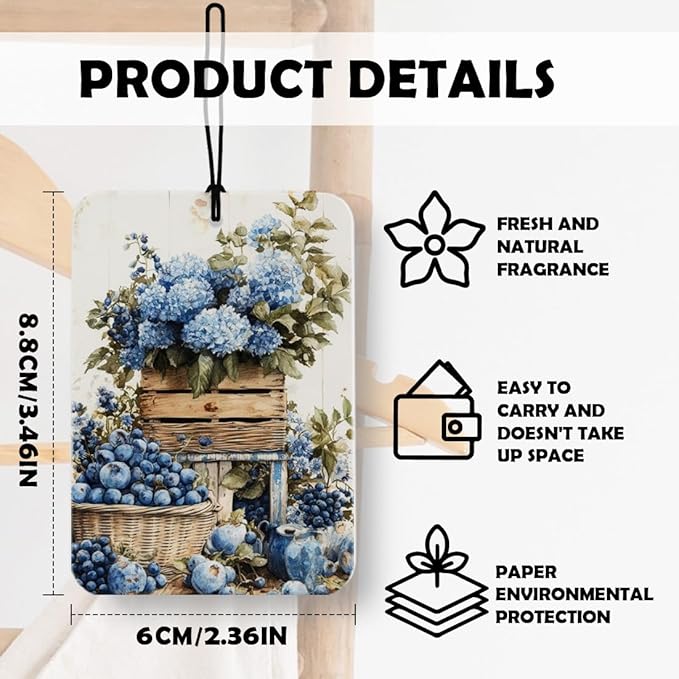 Retro Blue Hydrangea Floral Car Air Freshener 3 Pcs, Rustic Cottagecore Flower Air Freshener Hanging Decor for Cars Closet Drawer Books Accessories Gifts