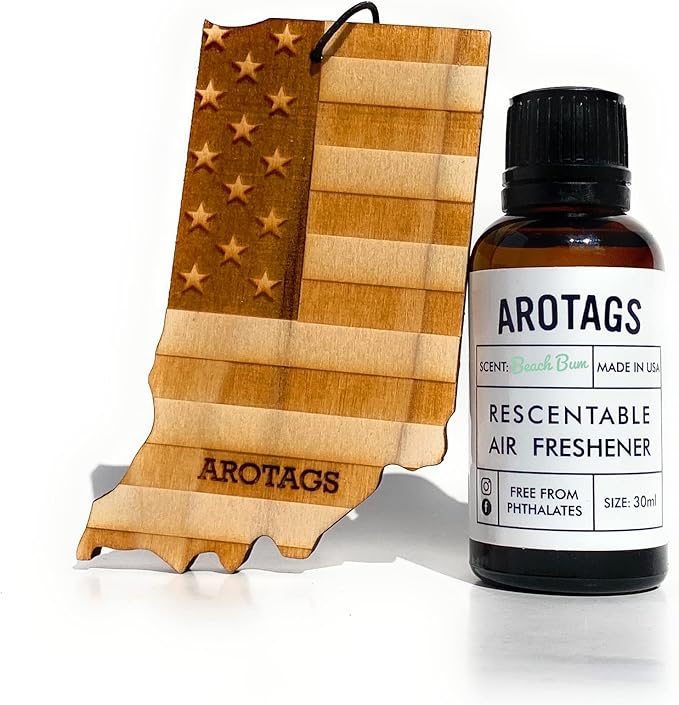 Arotags Car Air Freshener - Reusable Wood Diffuser - Hanging Odor Eliminator - Indiana Patriot - Beach Bum Scent