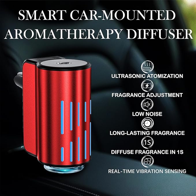 Smart Car Air Freshener, Portable Car Vents Aromatherapy,Car Diffuser Air Freshener with Three Adjustable Modes, Aromatizante para Carro, Car Diffuser with 3pcs Essential Oil(Red)
