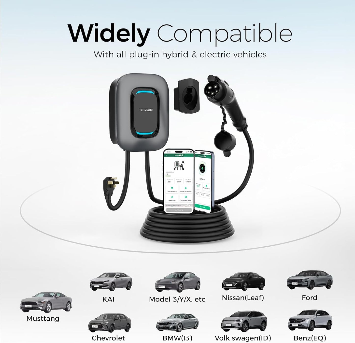 EV Charger Level 2, TESSAN 40A/240V Electric Vehicle Charing Station, Smart EV Chargers Equipment App Control Wi-Fi （Only 2.4Ghz）& Bluetooth 25ft Cable with NEMA 14-50 Plug for Indoor Outdoor Home