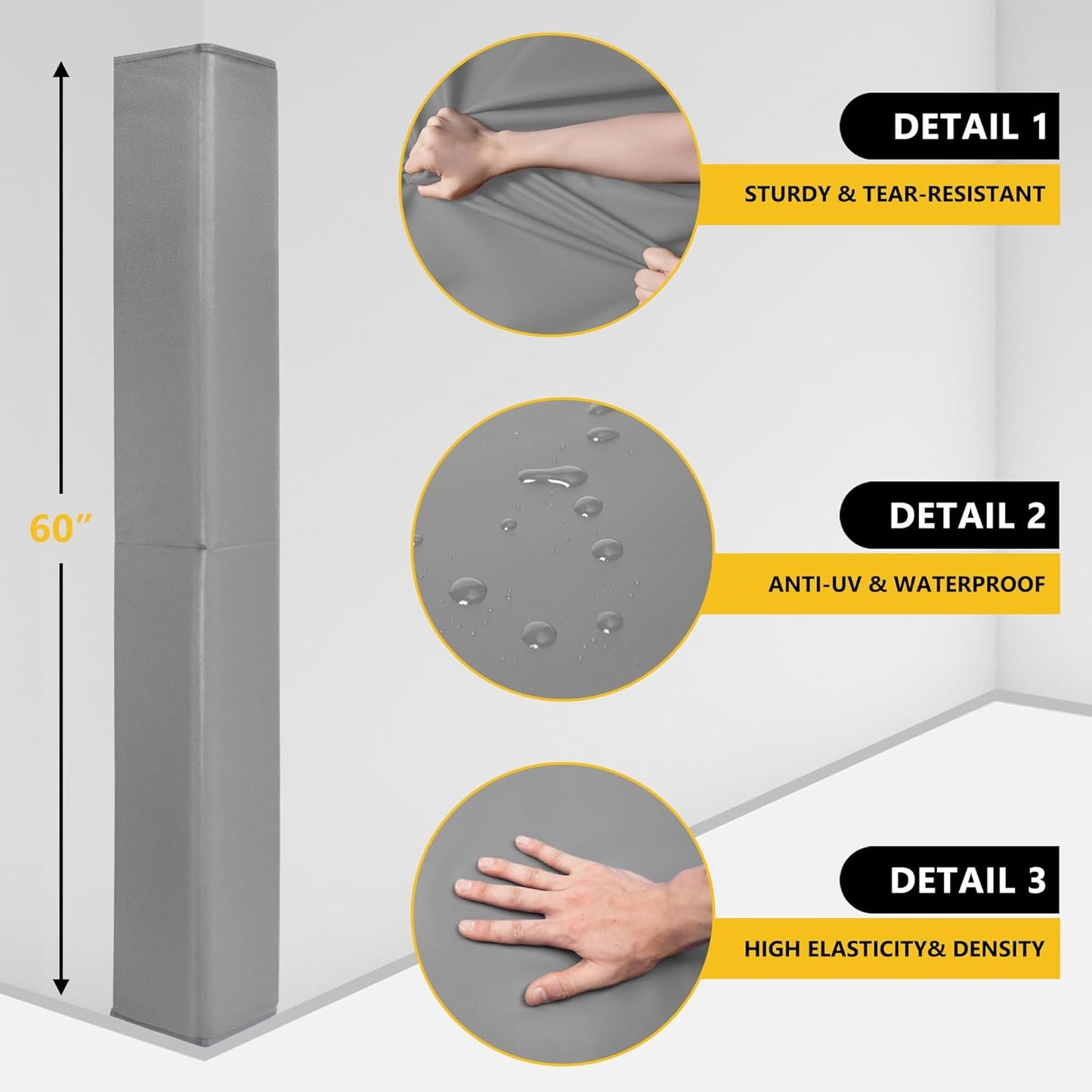 Wall Corner Guards & Edge Protector, Heavy Duty Wall Corner Protective Safety Padding, All-Weather 2 Sides Corner Pad for Gyms, Basketball Court, Playrooms, Garages,etc. (Gray, 5FT Tall 6in Sides)