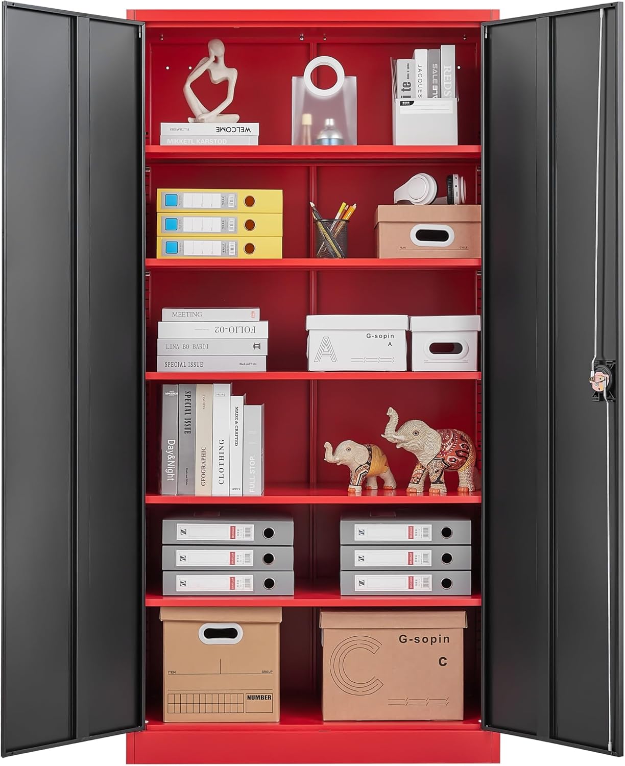 SISESOL Red Metal Storage Cabinet with Locking Doors and Shelves,Garage Storage Cabinet with Lock,Steel Locker,Lockable Cabinets for Home,Office,Shop,Garage Cabinets