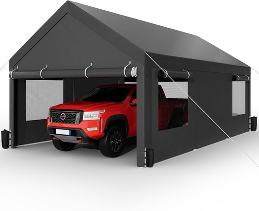 Shintenchi Carport 12' x 20' Heavy Duty Portable Garage, Car Port Canopy with Side-Opening Removable Door & Roll-Up Windows, Car Canopy for Truck,Car,Boat,Motorcycle,Grey