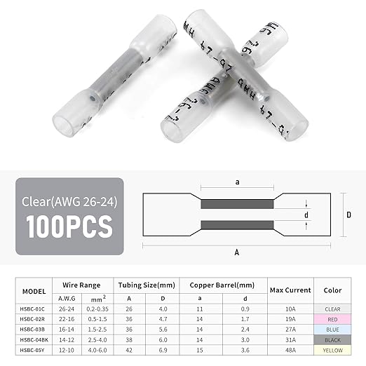 Heat Shrink Butt Wire Connectors, 100Pcs 26-24 AWG Clear Insulated Waterproof Electrical Wire Connectors Automotive Marine Grade Wire Crimp Terminals Butt Splices, Ideal for Boat, Truck, Stereo Clear