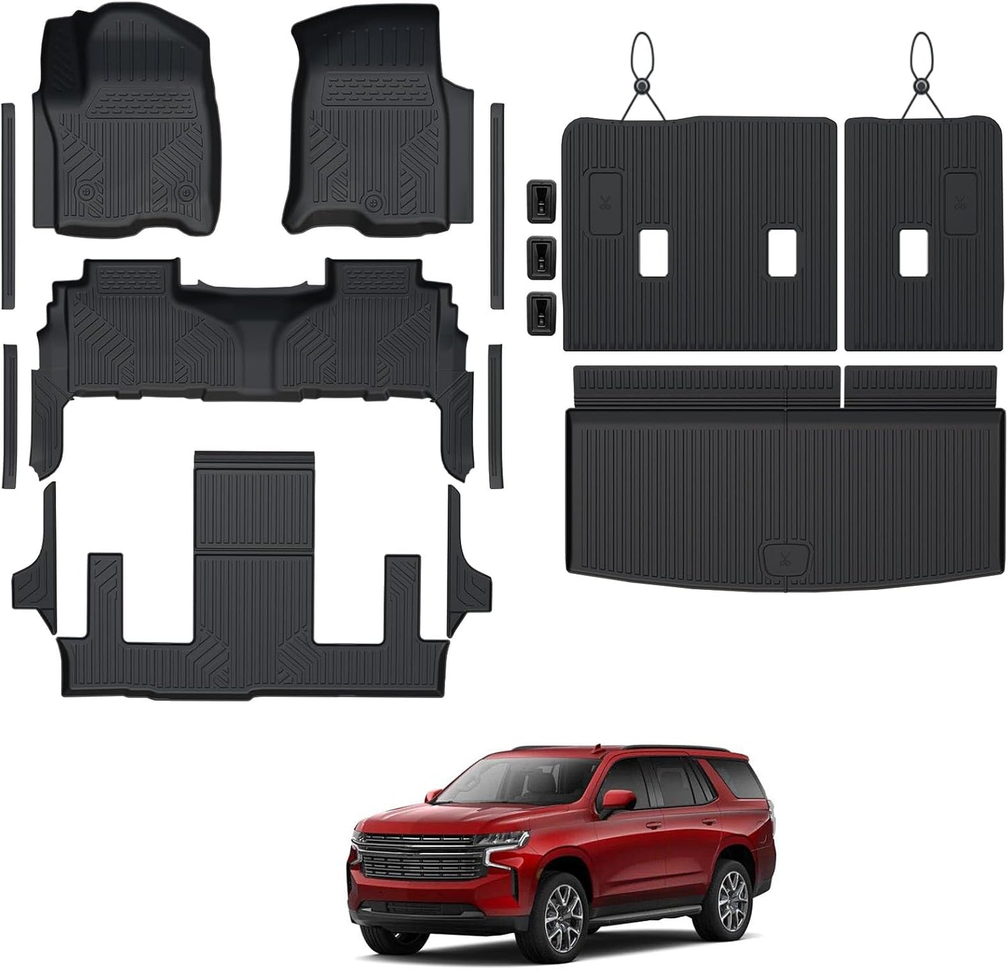 Floor Mats Set for 2021-2025 Chevrolet Chevy Tahoe/GMC Yukon 7 Seats Accessories, Full Coverage All Weather Floor Mats Cargo Mat with 3rd Row Backrest Protectors & Door Sill Guards