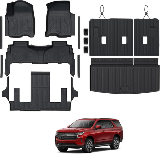Floor Mats Set for 2021-2025 Chevrolet Chevy Tahoe/GMC Yukon 7 Seats Accessories, Full Coverage All Weather Floor Mats Cargo Mat with 3rd Row Backrest Protectors & Door Sill Guards