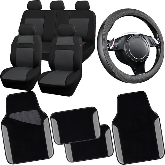 CAR PASS 3D Air Mesh Car Seat Covers Full Sets w/5mm Sponge, 4Pcs Waterproof Car Floor Mats, Steering Wheel Cover Universal Fit for SUV Sedan Truck, Airbag Compatible Automotive Interior(Black Gray)